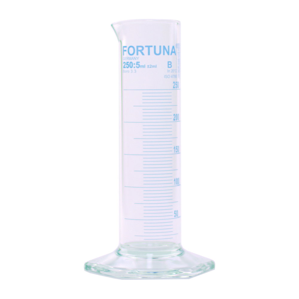 Messzylinder FORTUNA®, Borosilikatglas 3.3, niedrige Form, Klasse B, blau graduiert | Nennvolumen: 50 ml, Teilung: 2 ml