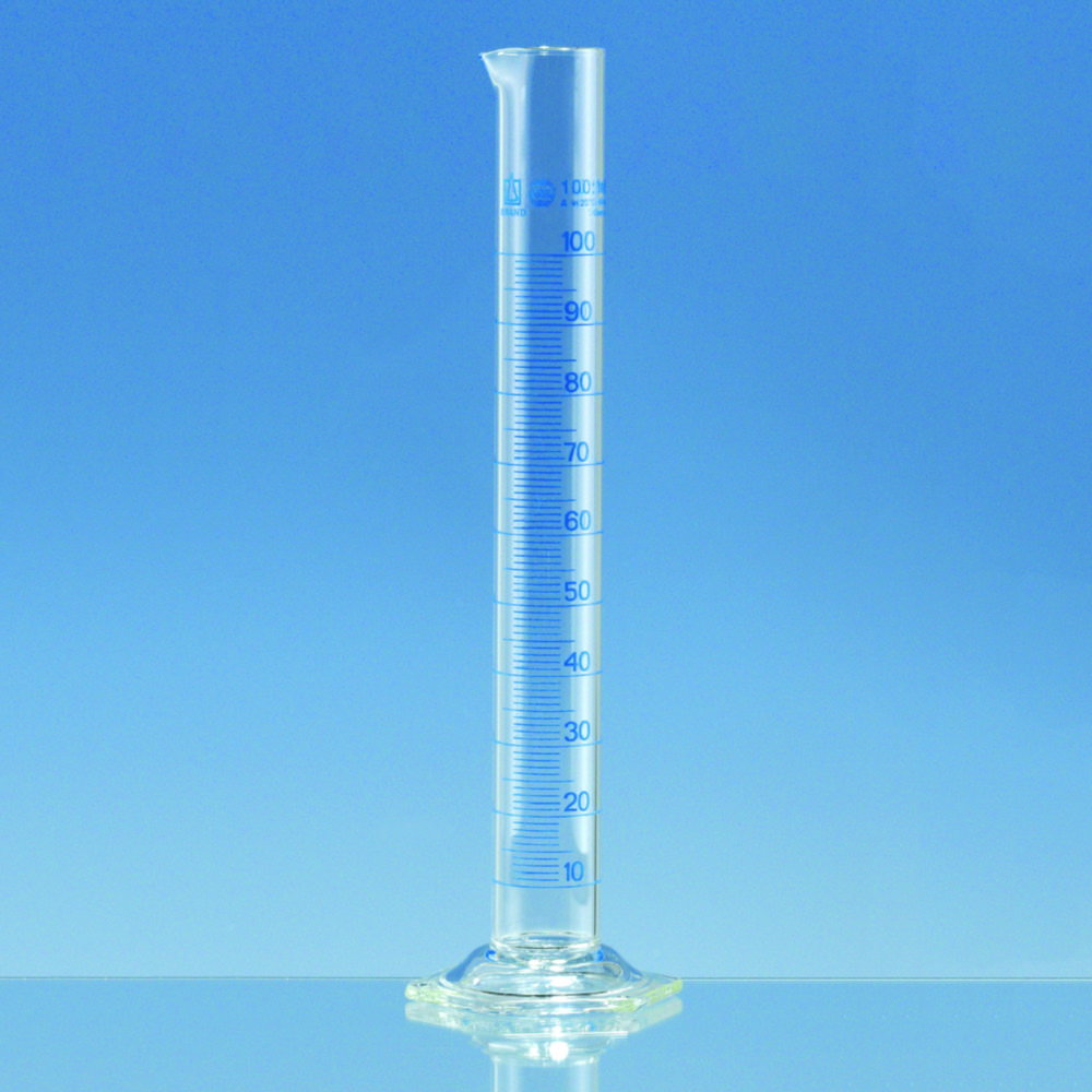 Messzylinder, Borosilikatglas 3.3, hohe Form, Klasse A, blau graduiert, mit  DAkkS-Kalibrierschein