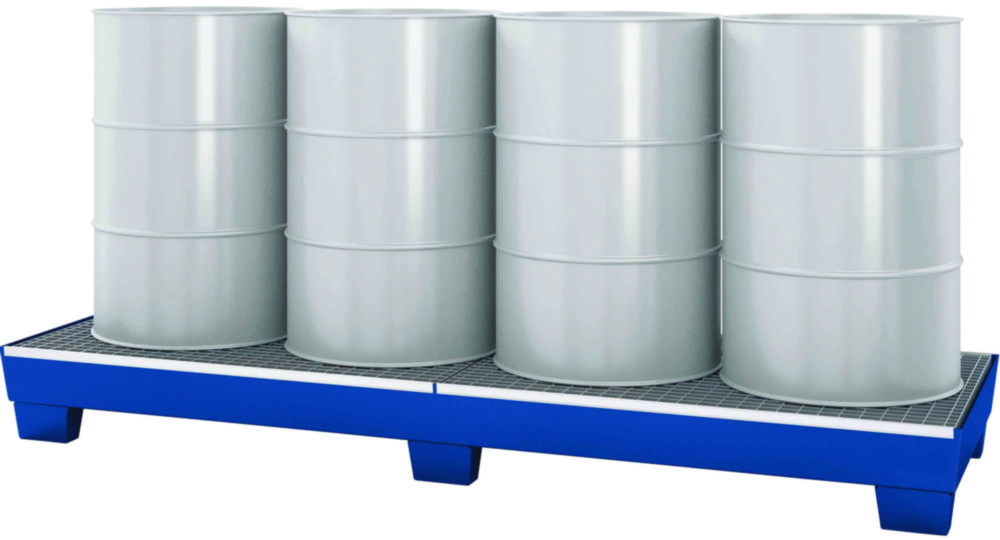 Auffangwanne 260L, für 4 Fässer lackiert, mit Staplerschuhen, Gitterrost verzinkt, 2470x815x250mm