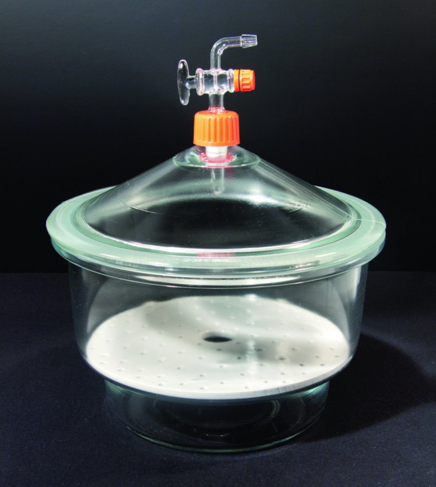 LLG-Exsikkator, Kalk-Soda-Glas, mit Deckel, Glashahn und Porzellanplatte