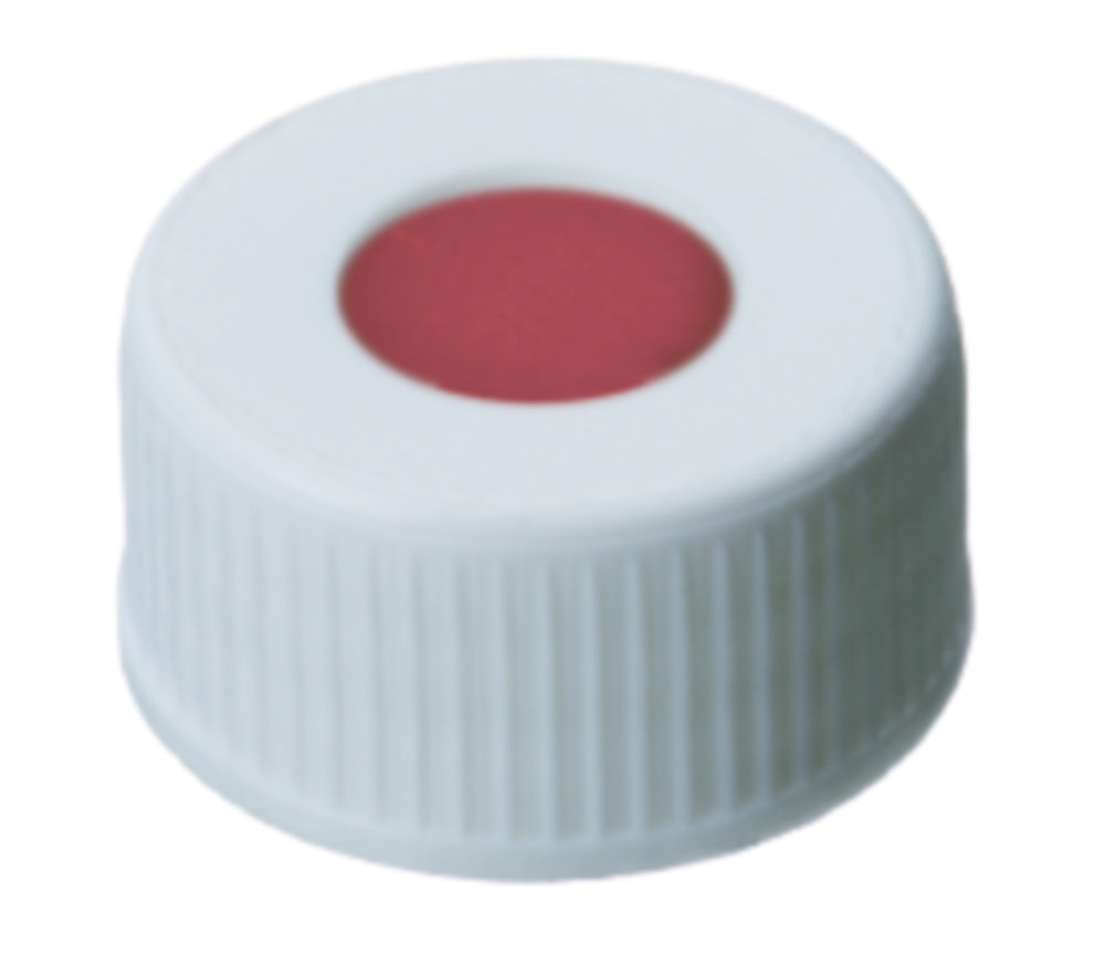Schraubkappe 24 mm, PP, weiß mit Loch, Butylrot/PTFE grau, VE=1000