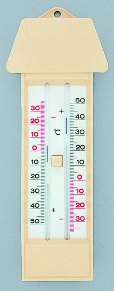 Maxima-Minima-Thermometer nach Six -30...+50:1°C, Plastikgehäuse, elfenbein mit Dach, Druckknopfmagnet, 230 x 90 mm