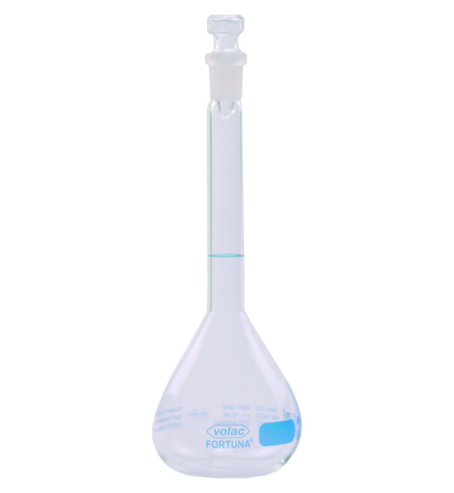 Messkolben Volac FORTUNA®, Boro 3.3, Kl. A, mit Glasstopfen, blaue Graduierung | Nennvolumen: 5 ml, Toleranz: 0,04 ± ml, Höhe: 70 mm