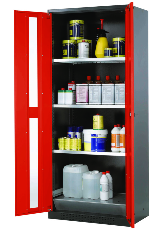 Chemikalienschrank CS-Classic Flügeltür, RAL3020, 3 Fachböden verzinkt, 1 Bodenauffangwanne