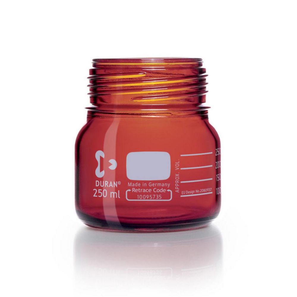 Laborglasflasche 250 ml, braun DURAN® GLS 80, Weithals, ohne Schraubkappe und Ausgießring