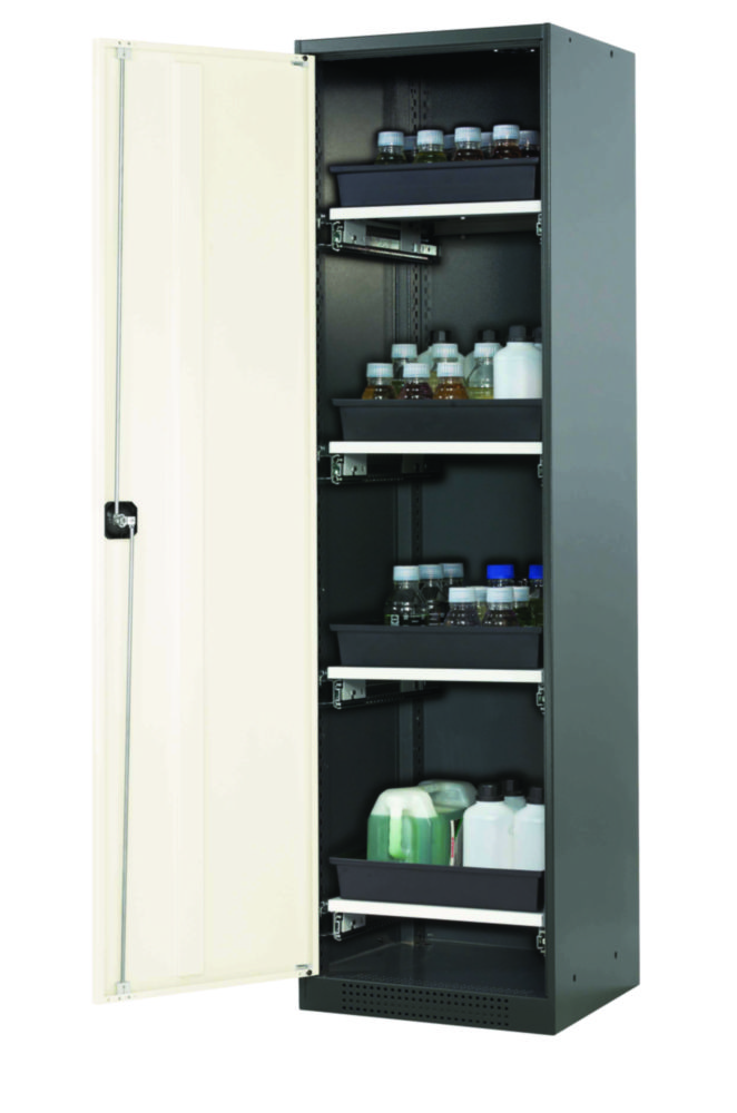 Chemikalienschrank CS-Classic 545x520x1950mm (BxTxH), Korpus RAL 7016, Türen RAL9010, 4 Tablarauszüge