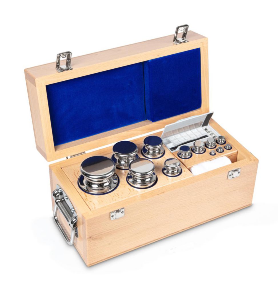 Gewichtssatz F1 ECO-Form, 1g...5kg Edelstahl poliert, im Holz-Etui, inkl. Handschuh und Pinzette