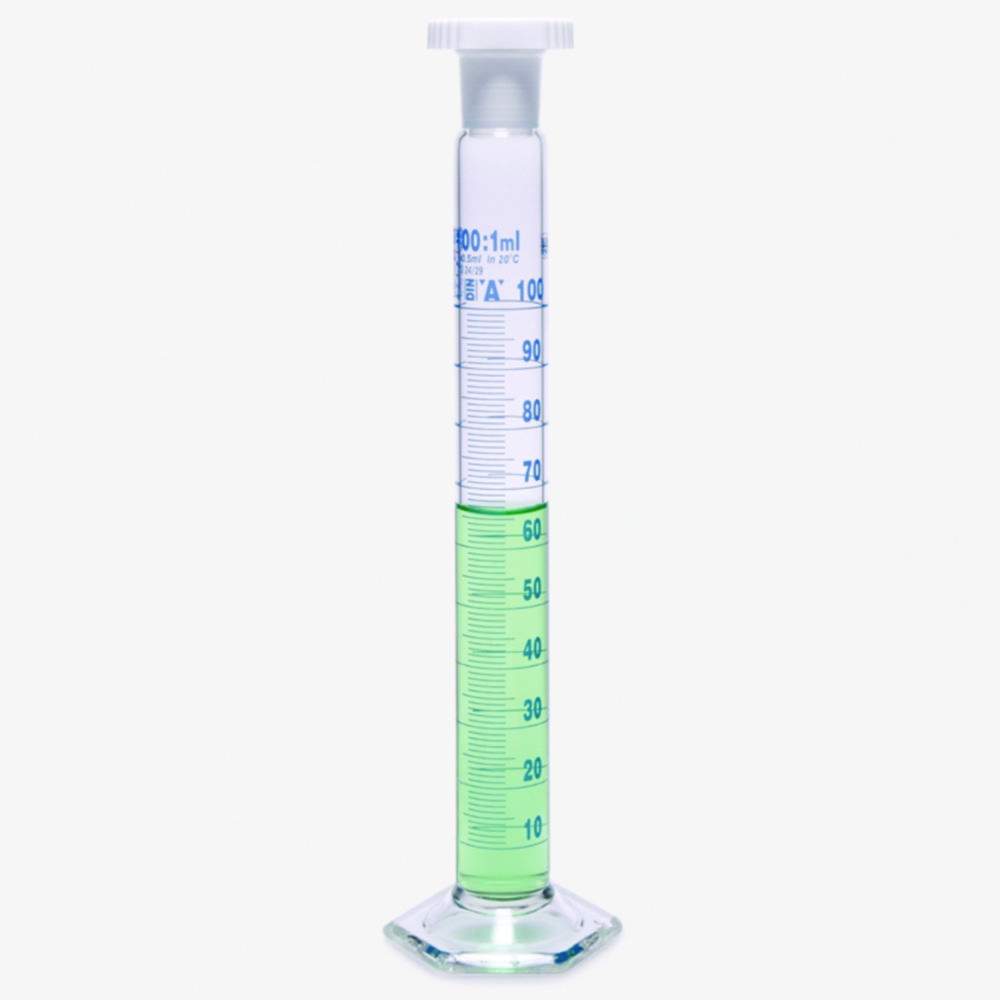 Mischzylinder, Borosilikatglas 3.3, hohe Form, Klasse A, blau graduiert