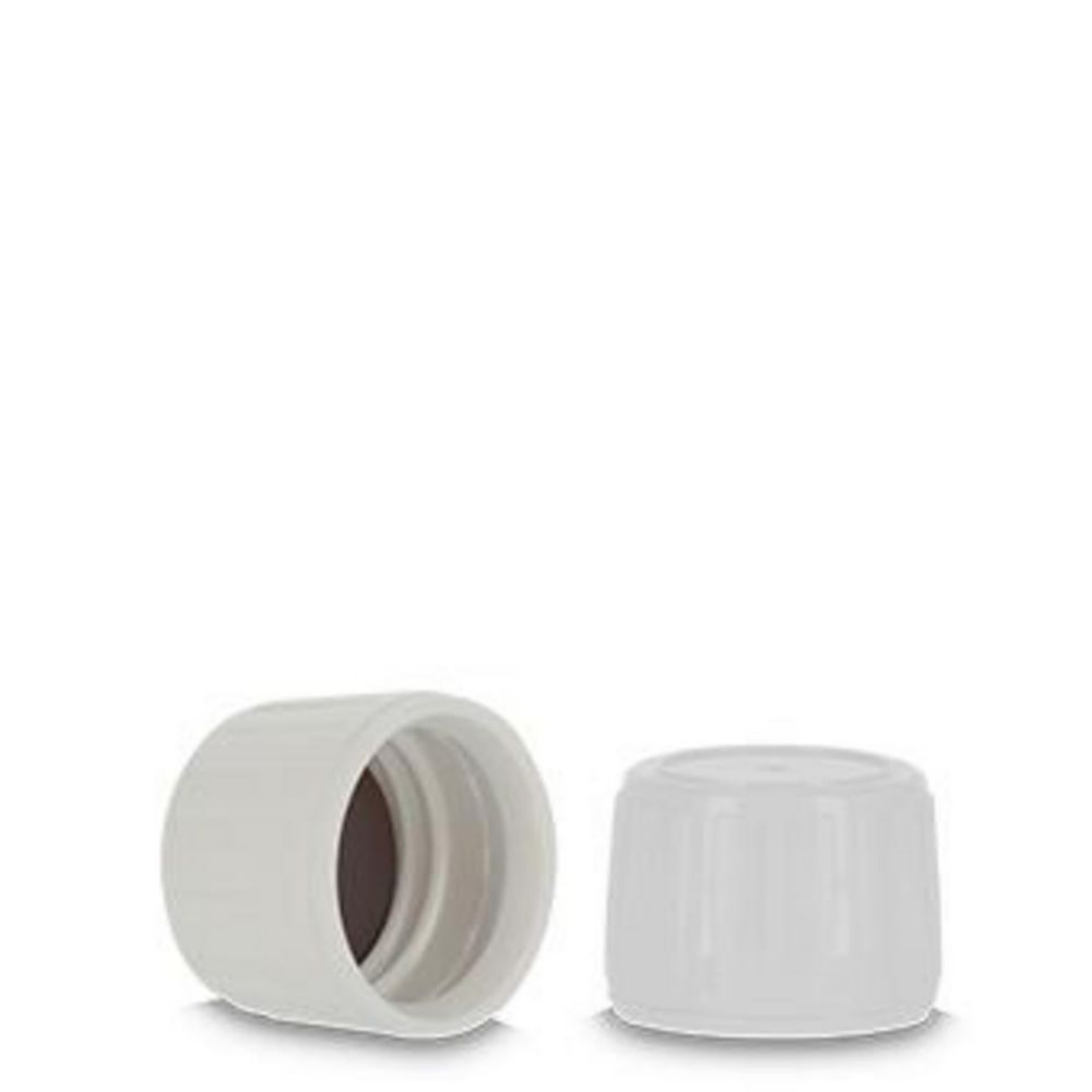Originalitätsverschlüsse PP28 HDPE, weiß mit Originalitätsring LDPE, weiß, mit PTFE/EPE200/PTFE-Einlage, beige, VE=20