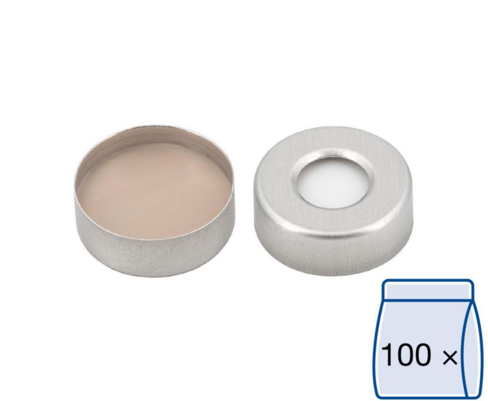 Aluminium Bördelkappen N 20, silber Loch Silikon weiß/ PTFE beige Härte: 40° shore A Septendicke: 3 mm, VE=100