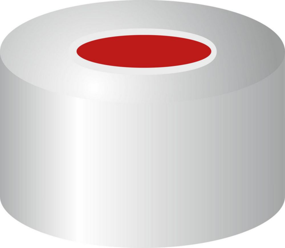 Aluminium Bördelkappen N 11, silber Loch, PTFE rot/Silikon weiß/PTFE rot, Härte 50° shore A, Septendicke: 1,0 mm, VE=100