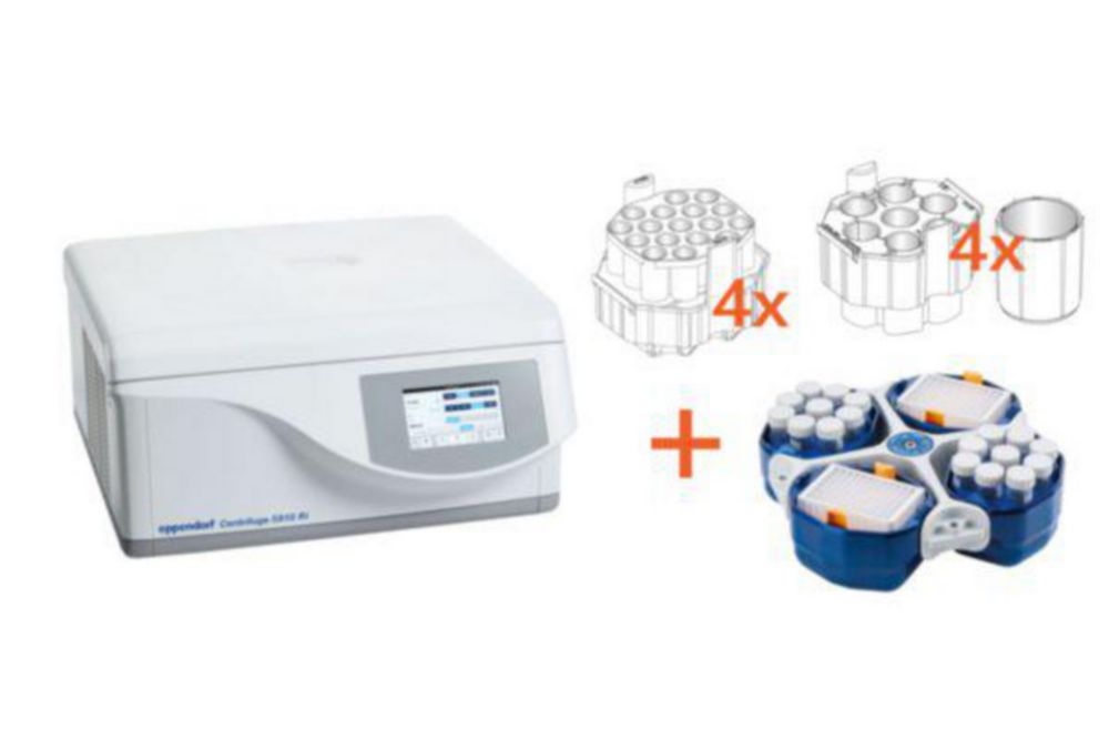 Zentrifuge 5910 Ri (IVD) mit Rotor S-4xUniversal, inkl. Universalbechern, Adaptern für Tubes und Flaschen bis 250 ml und Platten