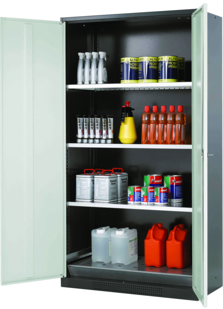 Chemikalienschrank CS-Classic 1055 x 520 x 1950 mm (BxTxH), Flügeltüren lichtgrau RAL 7035, 3 Fachböden, 1 Lochblech