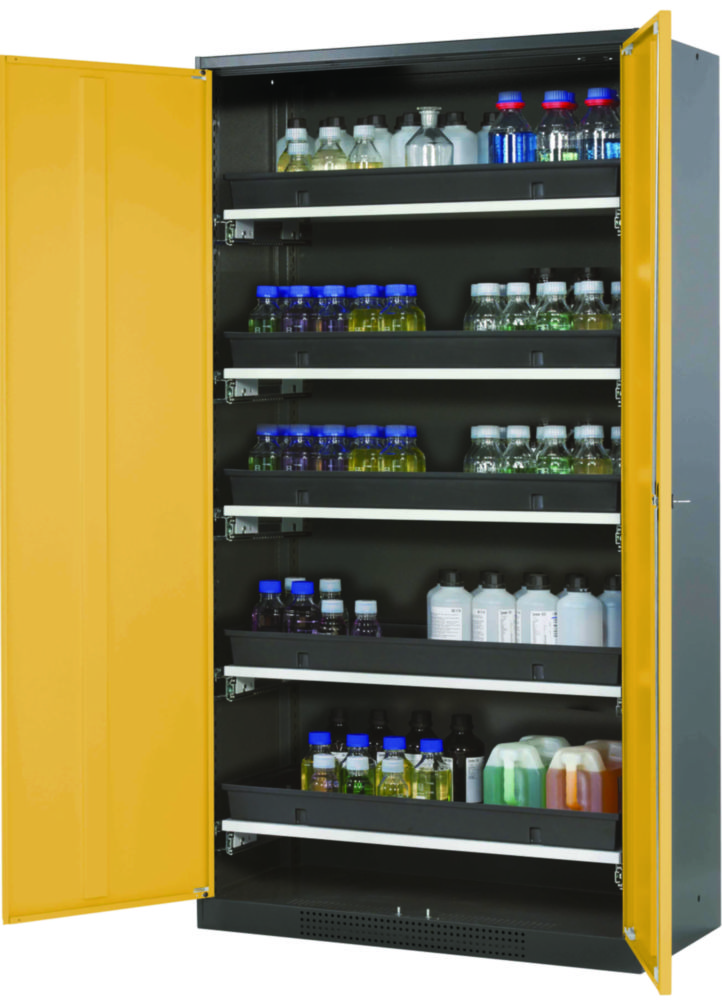 Chemikalienschrank CS-Classic 1055 x 520 x 1950 mm (BxTxH), Sicherheitsgelb Struktur RAL 1004, 5x Tablarauszug AbZ