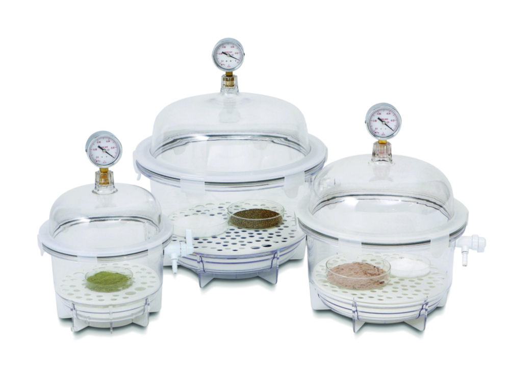 LLG-Vakuumexsikkator, Polycarbonat, runde Form, "Heavy Duty", mit Manometer