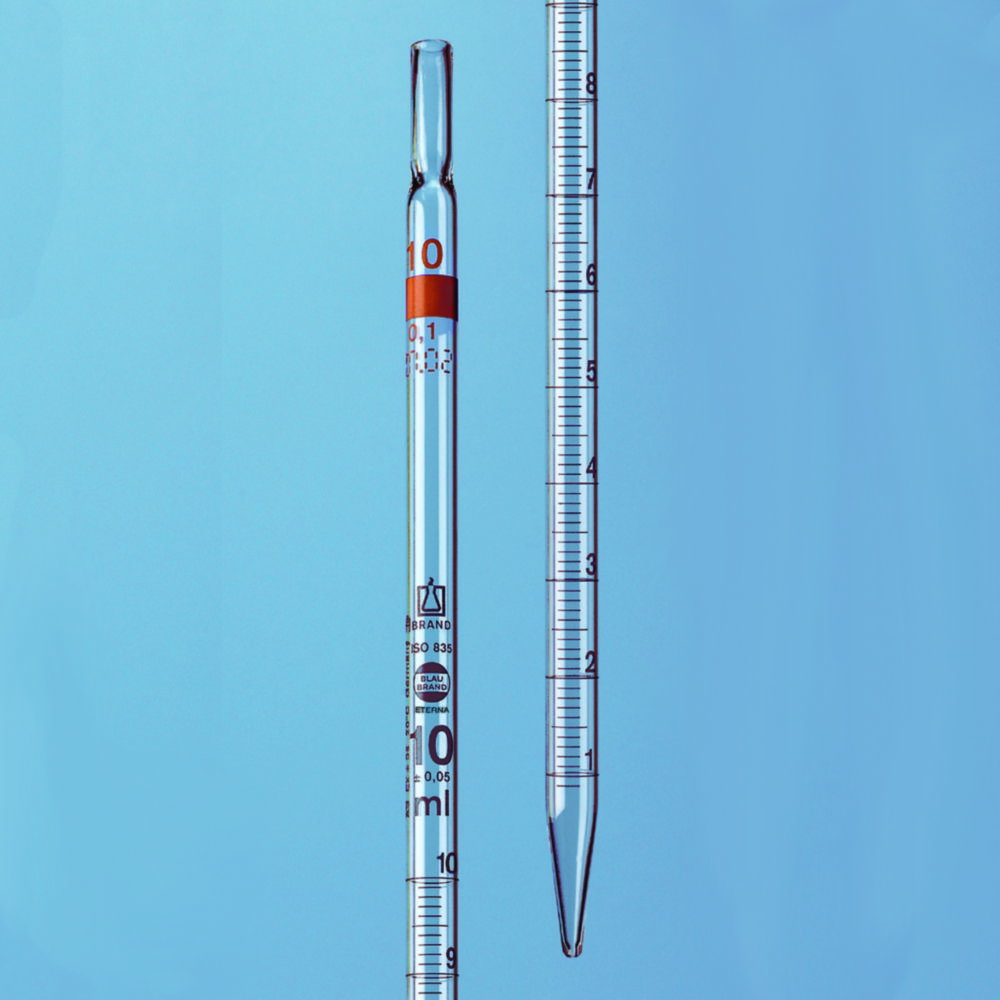 Messpipette mit völligem Ablauf,  AR-Glas®, Klasse B, braun graduiert, Typ 2 | Nennvolumen: 1 ml, Teilung: 0.01 ml, Toleranz: ±0.01 ml