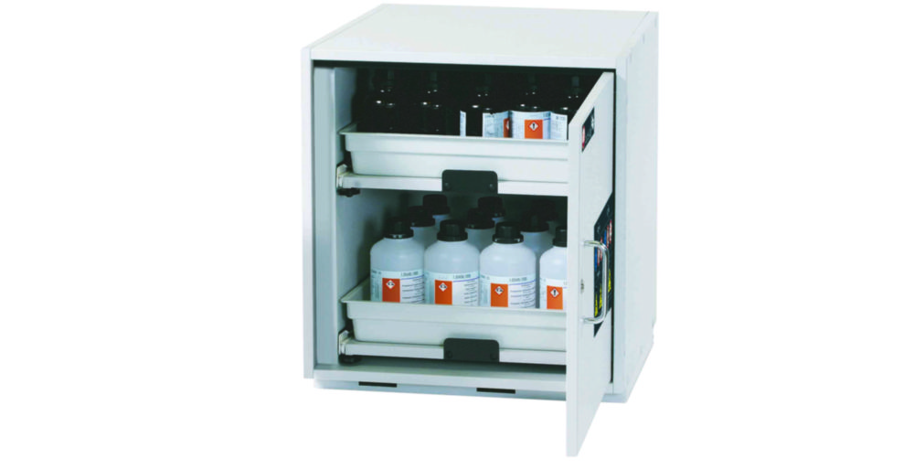 SL Unterbauschrank mit 1 Flügeltür 590mm x 570mm x 600mm (BxTxH), lichtgrau, 2 Tablarauszüge, Türanschlag rechts