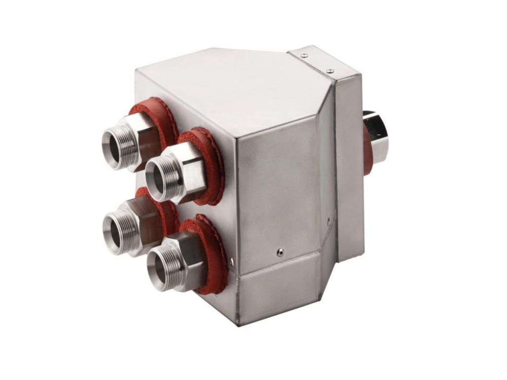 4fach-Verteiler M30x1,5, isoliert, 1x M30x1,5 innen auf 4x M30x1,5 außen