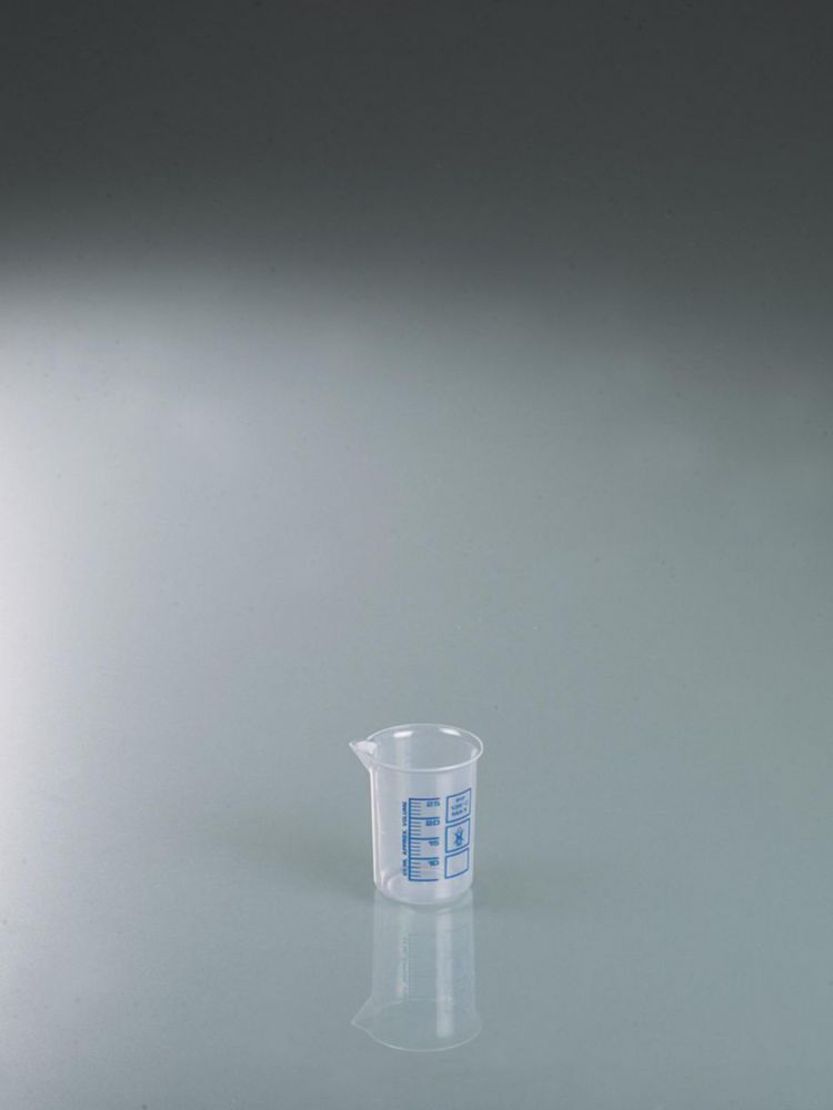 Griffinbecher 25 ml, PP graduiert, erhabene blau gepräte Skala, hochtransparent