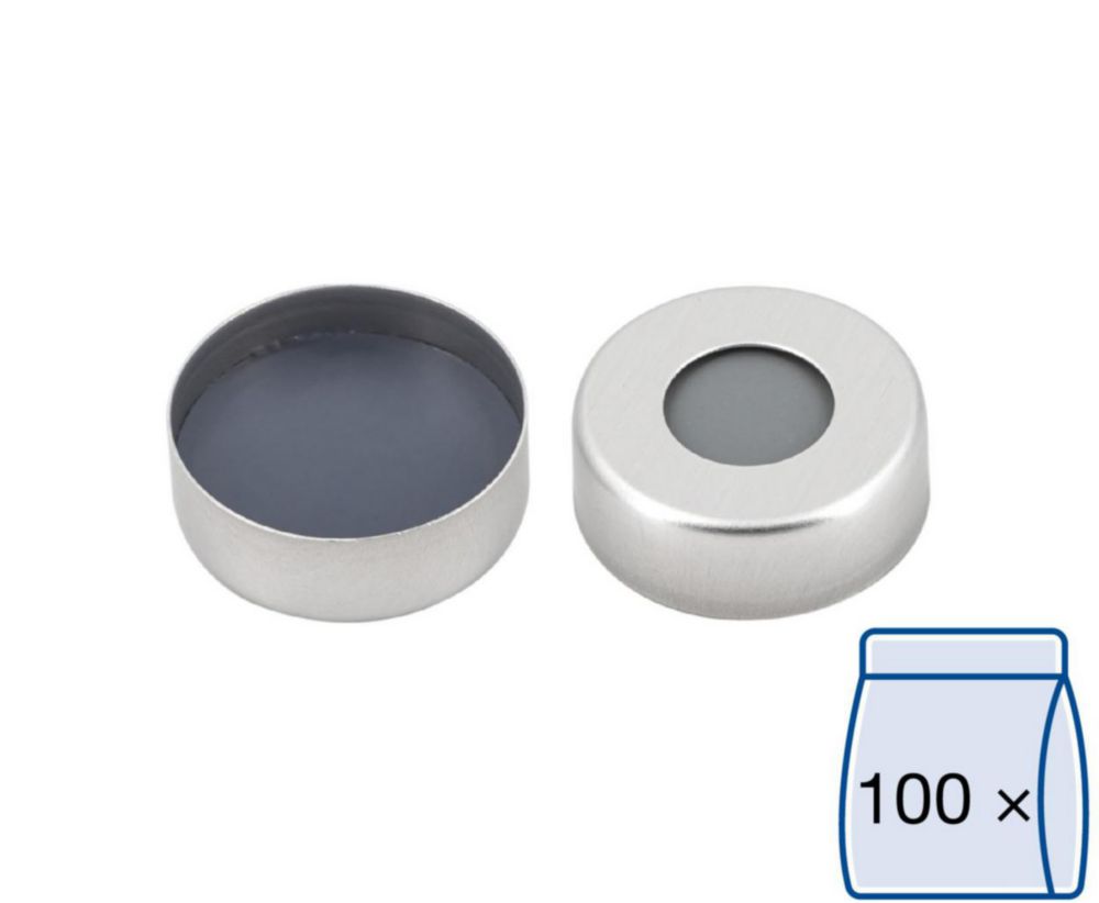 Alu-Bördelkappen N 20, silber Loch, Butyl hellgrau/PTFE dunkelgrau, Härte: 50° shore A, Septendicke: 3 mm, VE=100