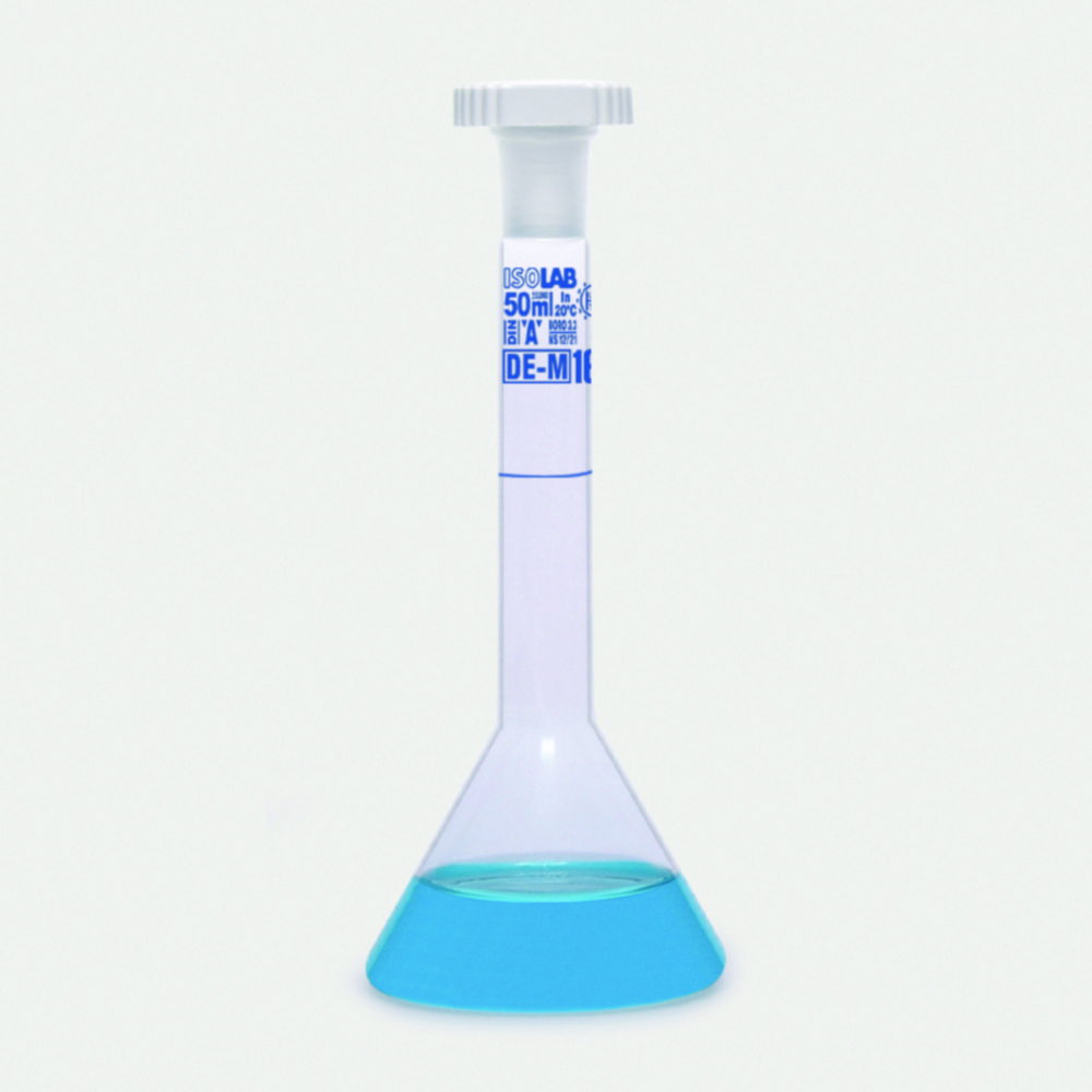 Messkolben, Trapezform, Borosilikatglas 3.3, Klasse A, blau graduiert