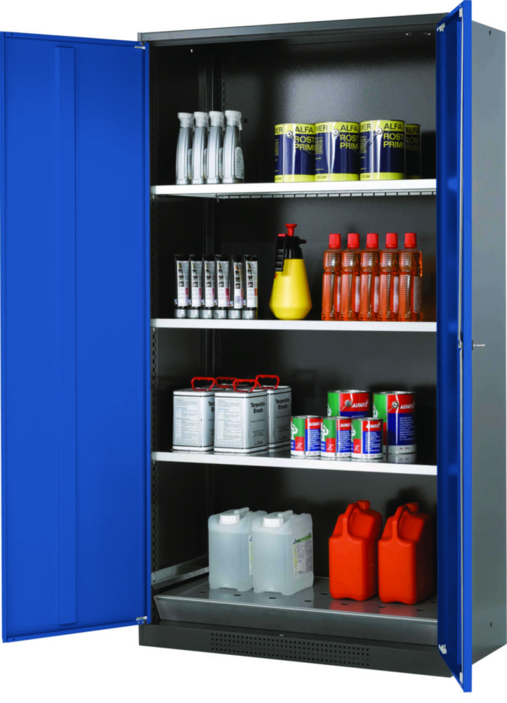 Chemikalienschrank CS-Classic 1055 x 520 x 1950 mm (BxTxH), RAL 7016 Flügeltüren RAL 5010, 3 Fachböden,