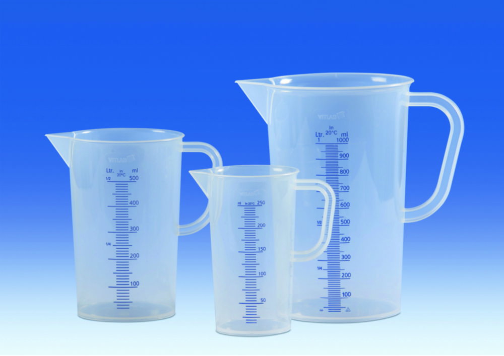 Messbecher mit Griff, PP, erhabene, blaue Graduierung