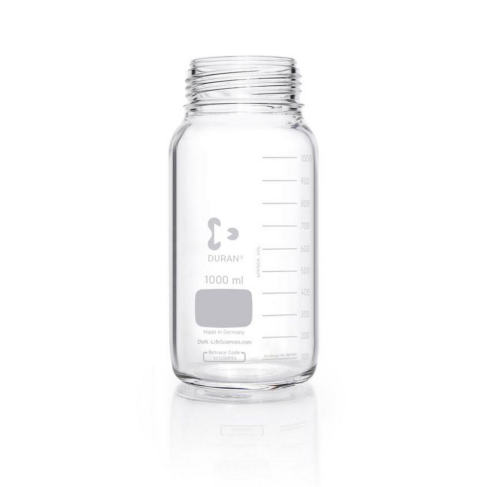 Laborglasflasche 1000 ml DURAN®, GLS 80, weithals, klar, ohne Schraubverschluss und Ausgießring