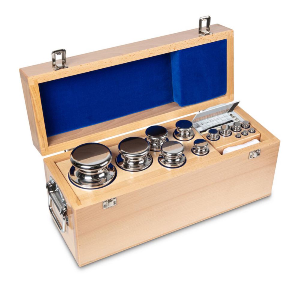 Gewichtssatz F1 ECO-Form, 1mg...10kg Edelstahl poliert, im Holz-Etui, inkl. Handschuh, Pinzette und Staubpinsel