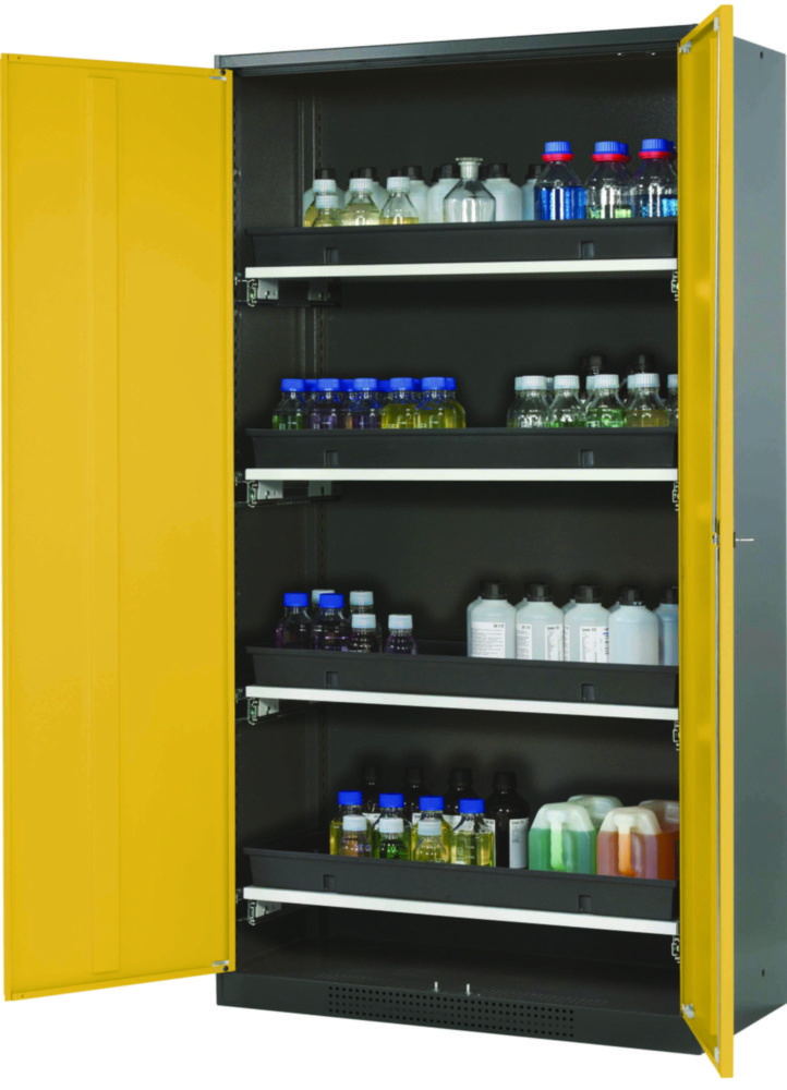 Chemikalienschrank CS-Classic 1055 x 520 x 1950 mm (BxTxH), Sicherheitsgelb Struktur RAL 1004, 4x Tablarauszug AbZ