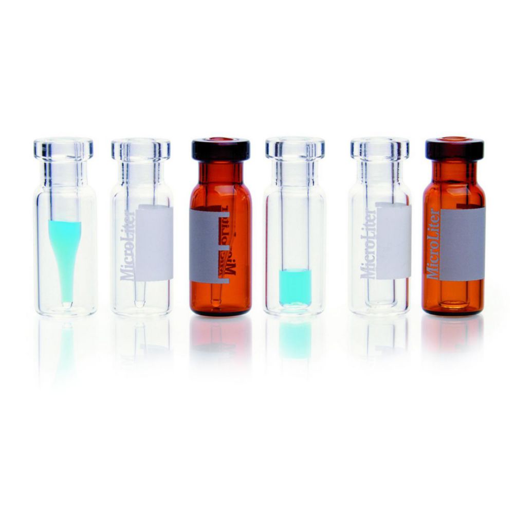 Chromatog. Fläschchen 9 mm, 2 ml klar, Bördelrand, Schraubgewinde, 350 ul Klarglas-Einsatz, VE=100