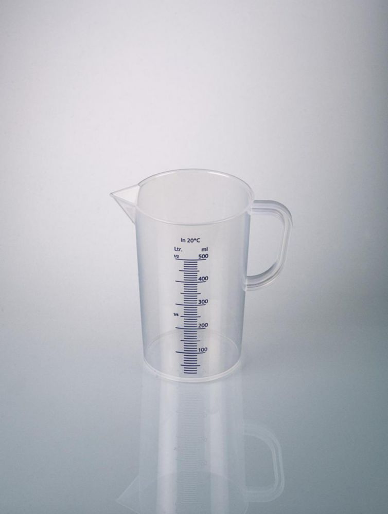 Messbecher 500 ml, mit Henkel PP, erhabene, unzerstörbare, blaue Skala