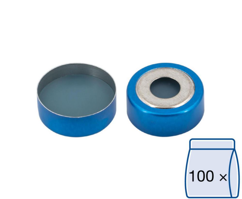 Bimetall Bördelkappen N 20, blau/silber Loch Silikon blau transparent/PTFE farblos Härte: 40° shore A Septendicke: 3 mm, VE=100