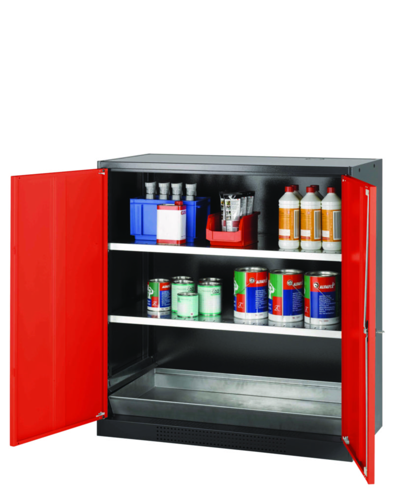 Chemikalienschrank CS-Classic mit Flügeltüren, inkl. 2 Fachböden vz. Bodenauffangwanne, RAL3020, 1055x520x1105mm