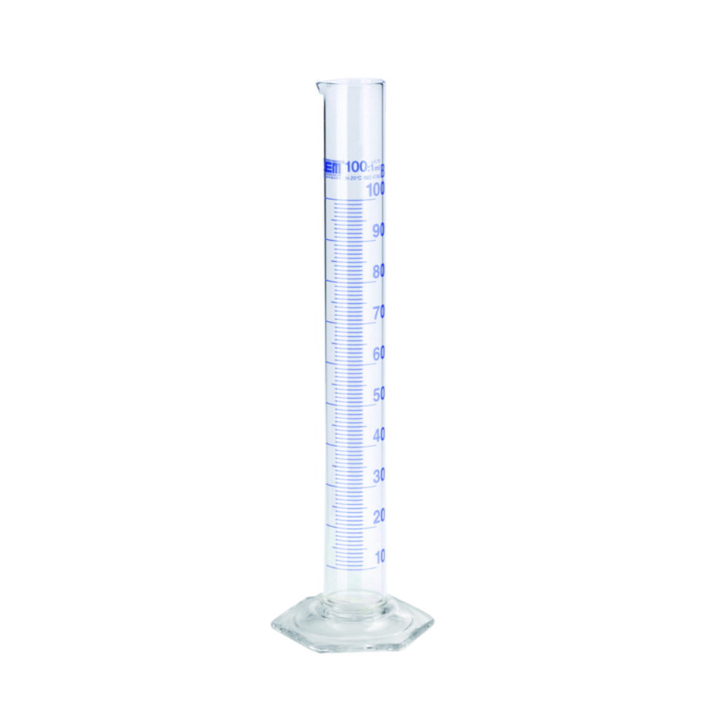 Messzylinder, DURAN®, hohe Form, Klasse B, blau graduiert