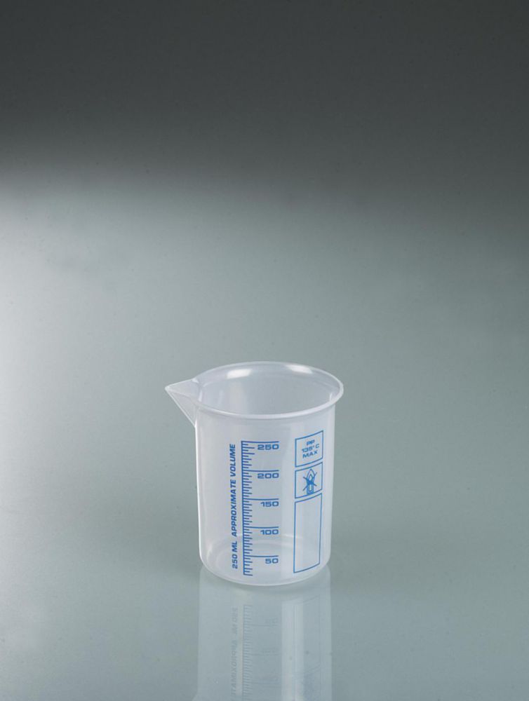 Griffinbecher 250 ml, PP graduiert, erhabene blau gepräte Skala, hochtransparent, VE=6