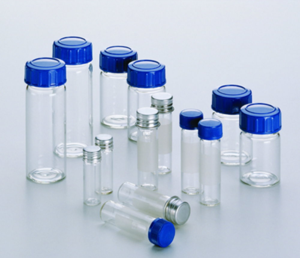 Präparategläser, Kalk-Soda-Glas, mit Schraubverschluss | Nennvolumen: 3 ml, Abmessungen (ØxH): 12 x 35 mm, Material Verschluss: Aluminium