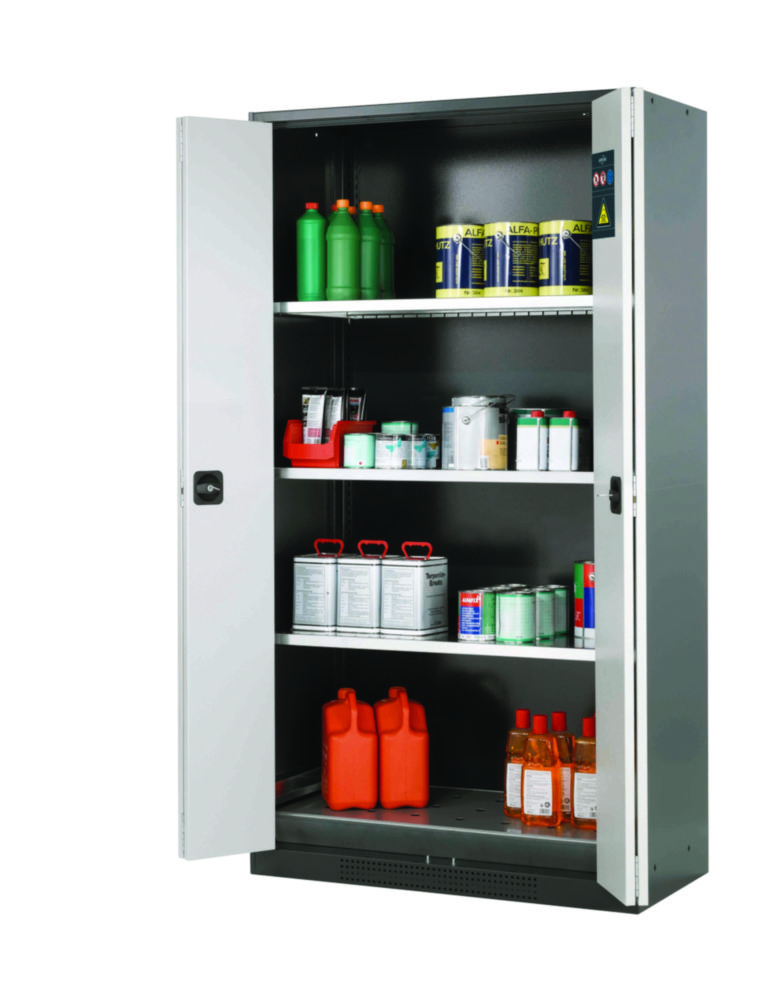 Chemikalienschrank CS.195.105.FD 1055x520x1950mm (BxTxH), RAL 7035, 3x Fachboden, 1x Lochblech, 1x Bodenauffangwanne