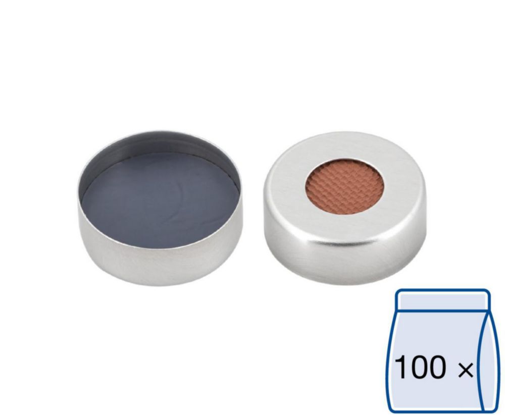 Alu-Bördelkappen N 20 TB/oA mit Loch 10 mm, mit Septum Butyl rot/PTFE grau, VE=100