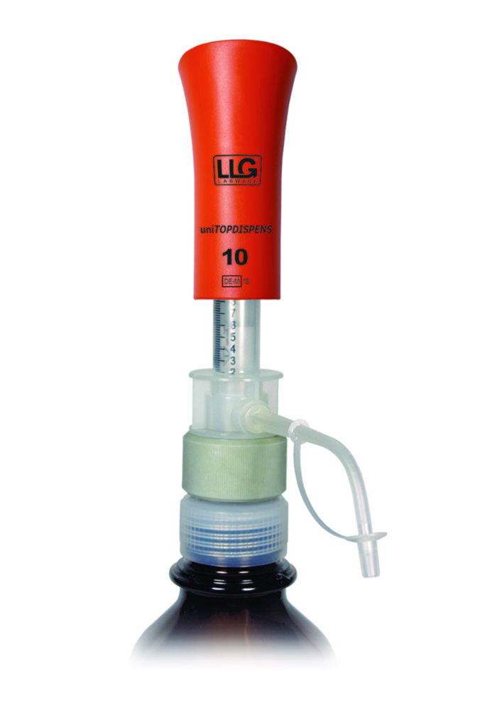 Flaschenaufsatz-Dispenser LLG-uniTOPDISPENS mit Glaskolben und Klarglaszylinder | Typ: LLG-uniTOPDISPENS, Dosiervolumen: 10 ... 50 ml, Teilung: 1.0 ml