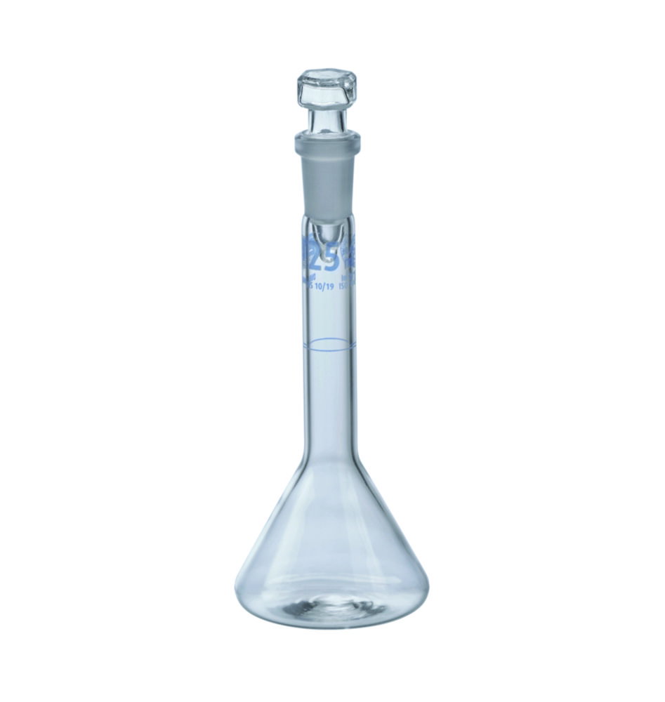 Messkolben, Trapezform, DURAN®, Klasse A, blau graduiert, mit Glas-Stopfen