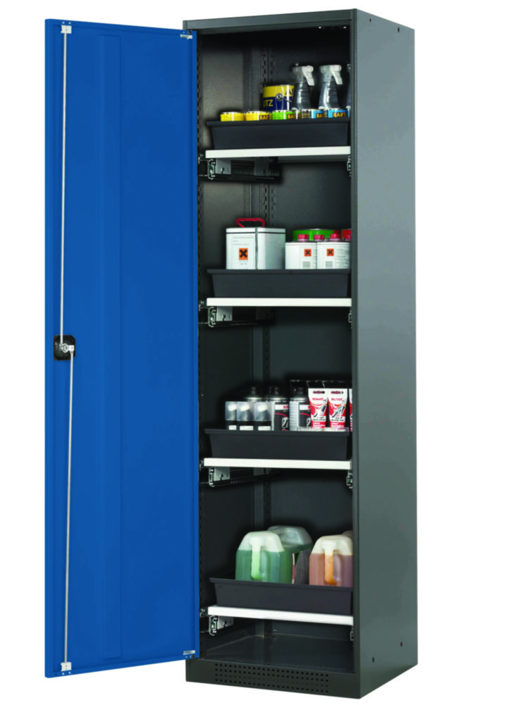 Chemikalienschrank CS-Classic 545x520x1950mm (BxTxH), Flügeltüren enzianblau RAL5010, 4 Tablarauszüge