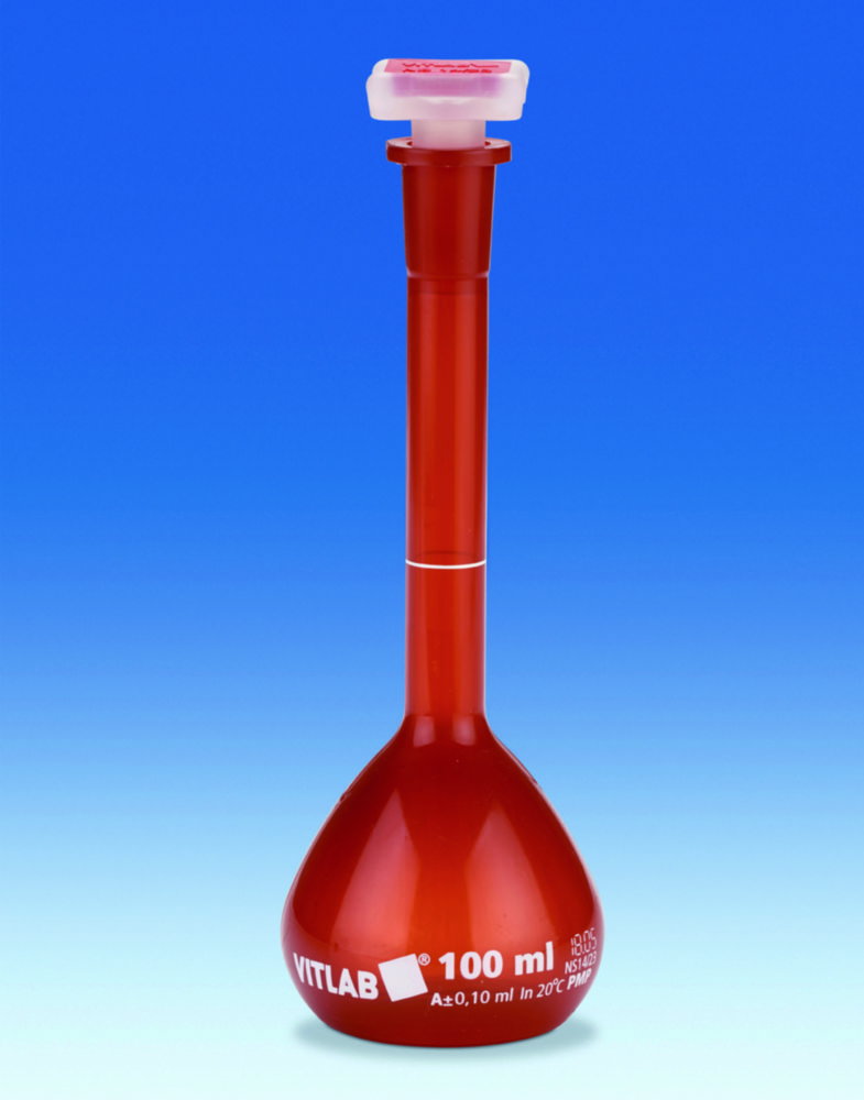 Messkolben VITLAB® UV-protect, PMP, Klasse A, mit NS-Stopfen, PP