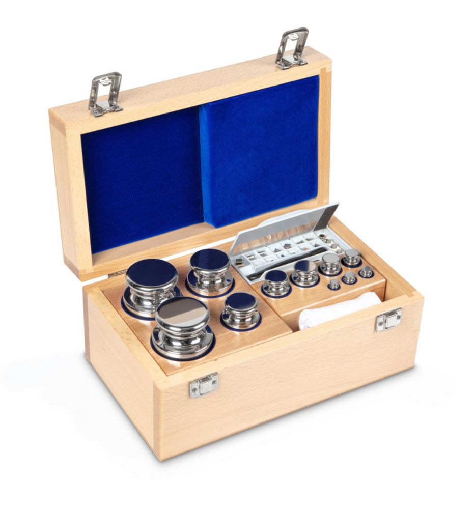 Gewichtssatz F1 ECO-Form, 1mg...2kg Edelstahl poliert, im Holz-Etui, inkl. Handschuh, Pinzette und Staubpinsel