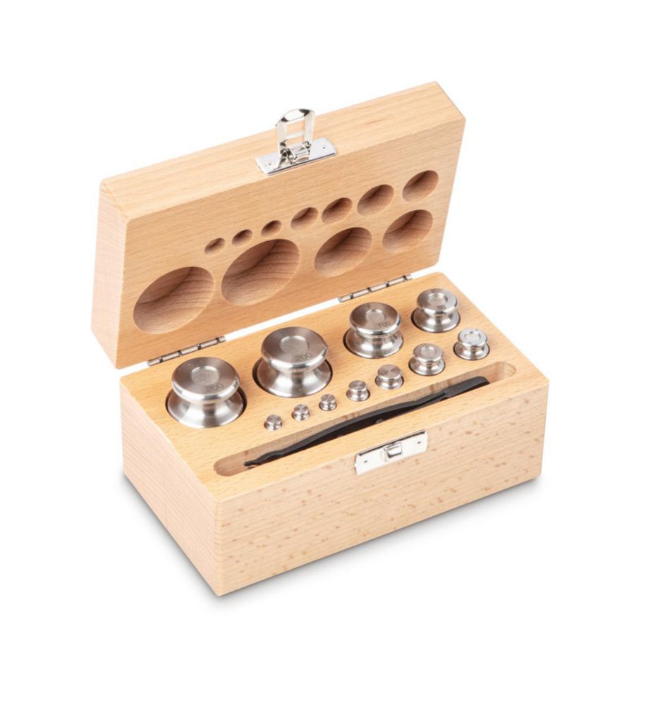 Gewichtssatz F2, 1g...200g Edelstahl feingedreht, im Holz-Etui, inkl.Handschuh, Pinzette und Staubpinsel