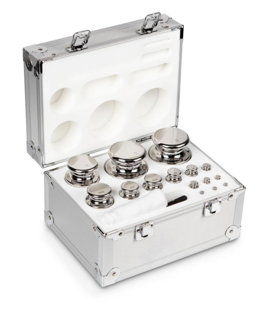Gewichtssatz F1 ECO-Form, 1g...2kg Edelstahl poliert, im Aluminium-Koffer, inkl. Handschuh  und Pinzette