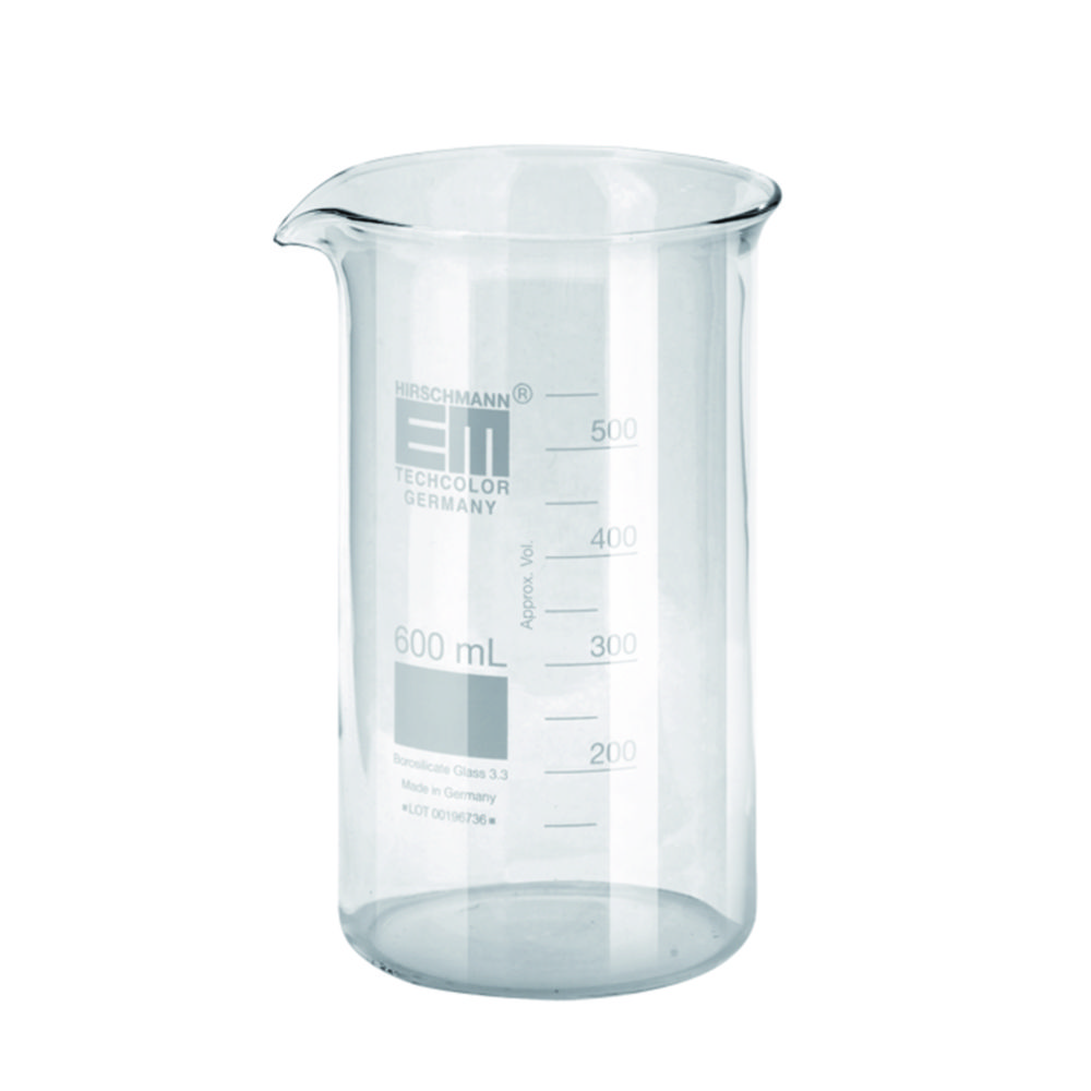 n.Abv.bei Hischmann n.m.l. Becher 600ml, h.F. Boro 3.3, mit Teilung und Ausguss