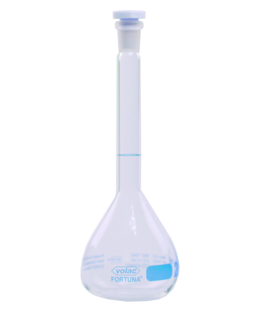 Messkolben Volac FORTUNA®, Boro 3.3, Kl. A, mit PP-Stopfen, blaue Graduierung | Nennvolumen: 100 ml, Toleranz: 0,10 ± ml, Höhe: 170 mm