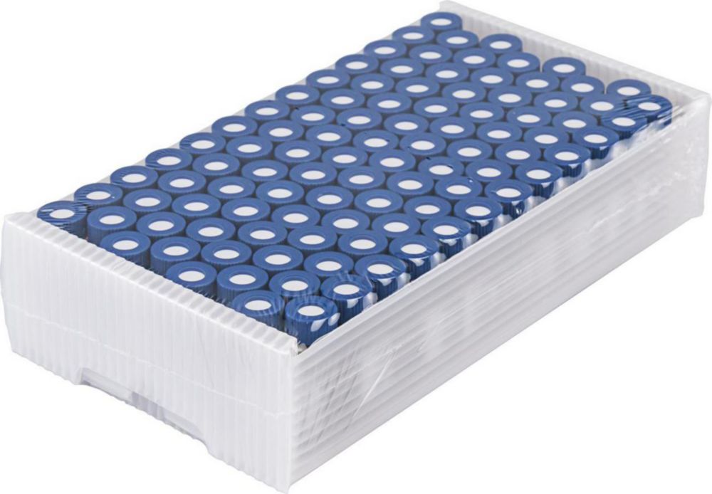 1,5 mL Gewindeflaschen N9 702282 verschraubt mit 702287.1: N 9 PP Schraubkappe, blau, Loch Silikon weiß/PTFE rot, VE=100