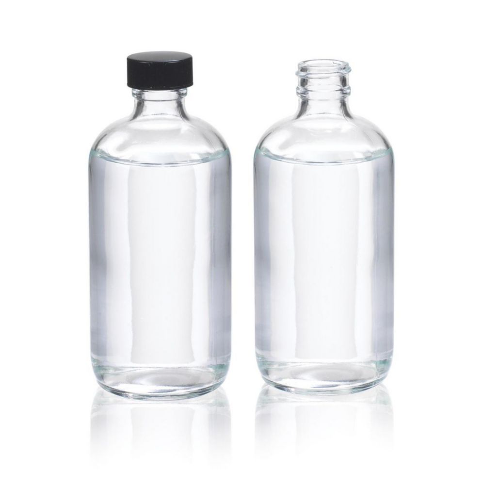WHEATON-Boston-Rundflaschen 250 ml Natronkalkglas klar, schwarze Kappe und Liner, VE=12  (W216815)